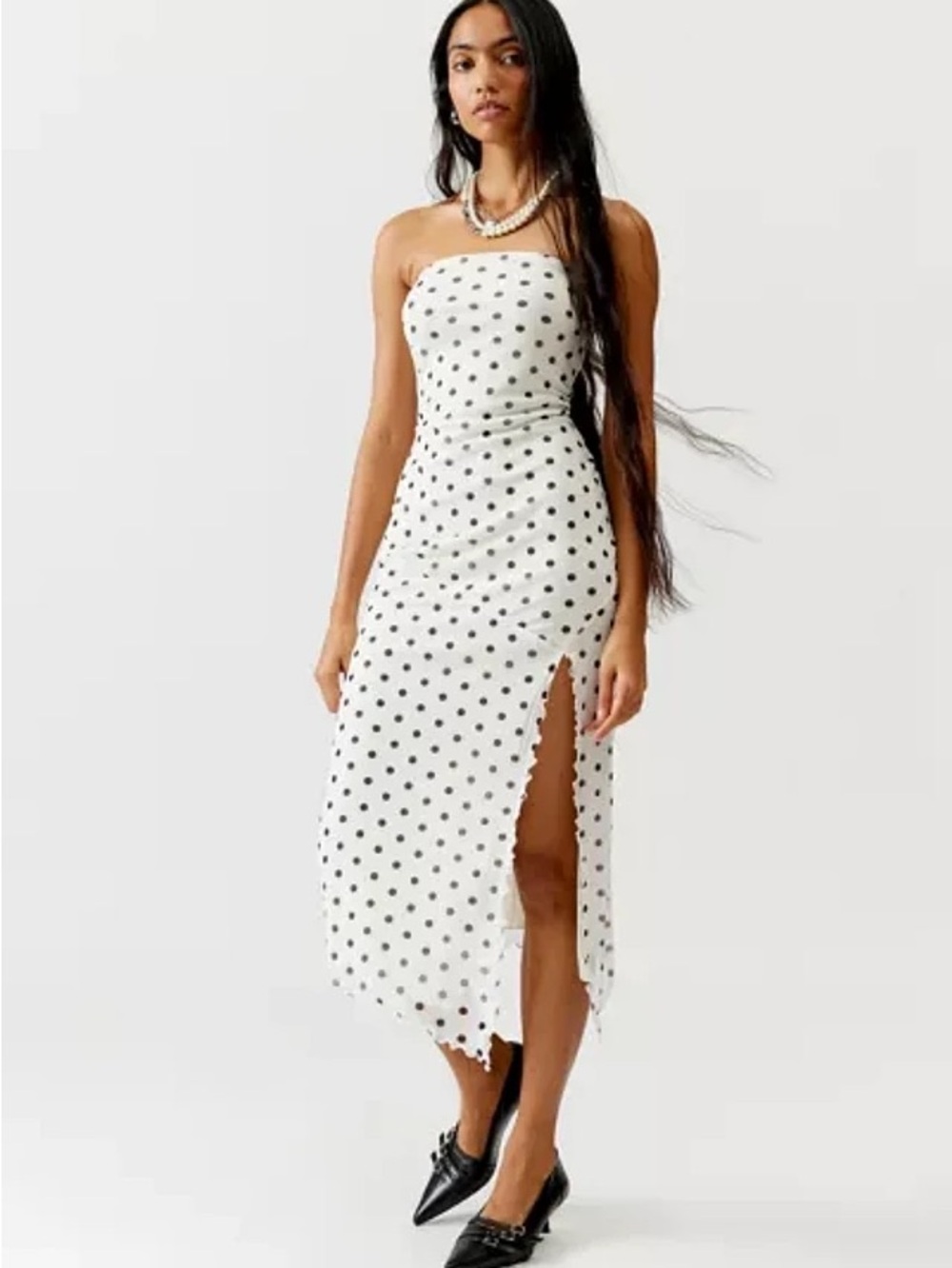 Urban Outfitters White Polka Dot Strapless Midi Dress with Side Slit
